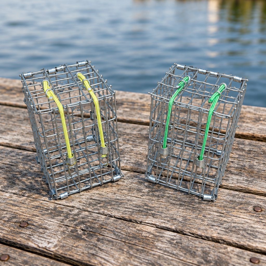 Single bait box on a rustic dock background