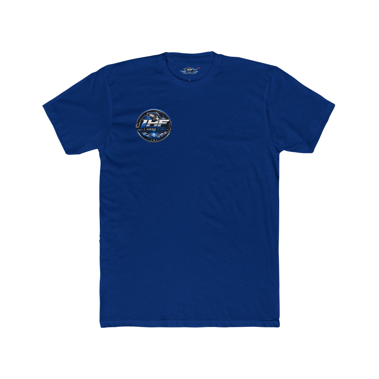 THF Racing Logo T‑Shirt — White Crew Tee with Blue Speed Emblem