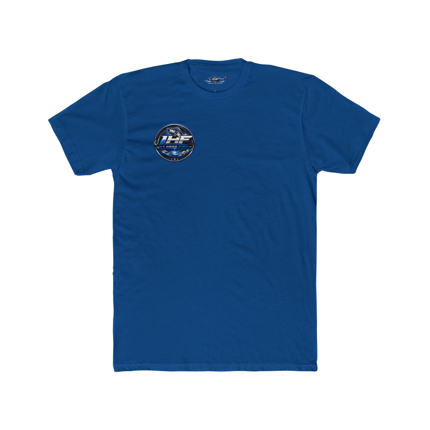 THF Racing Logo T‑Shirt — White Crew Tee with Blue Speed Emblem