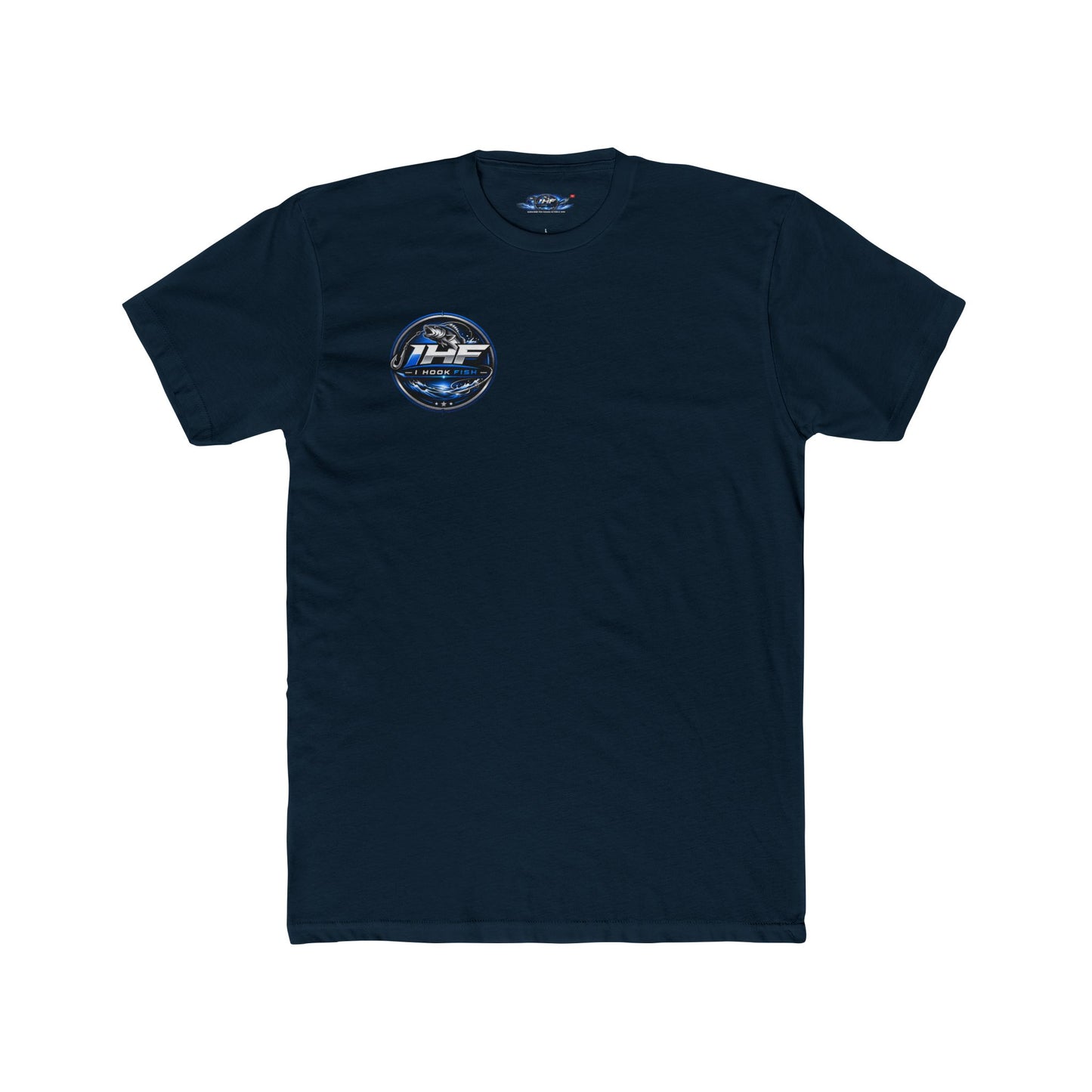 THF Racing Logo T‑Shirt — White Crew Tee with Blue Speed Emblem