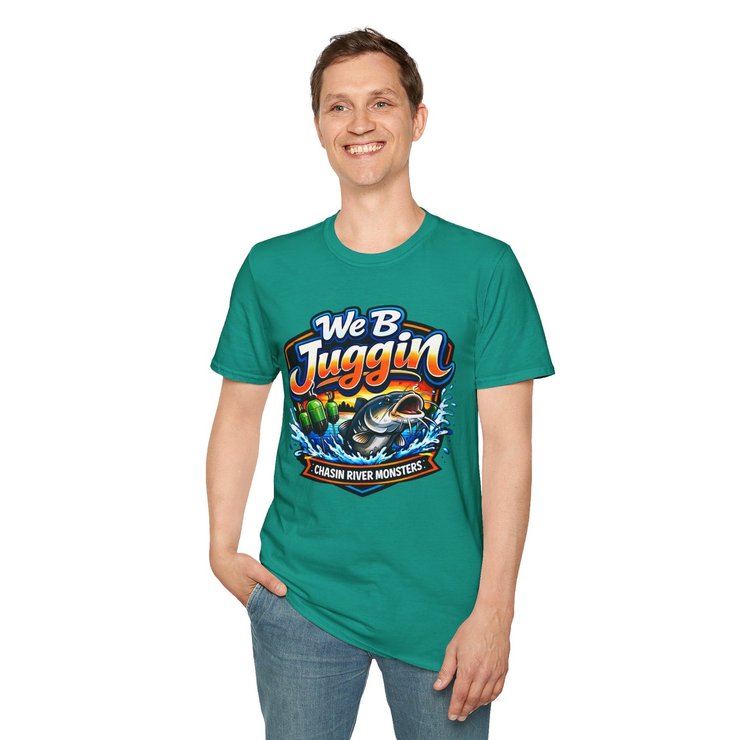 Fishing T-Shirt — "We B Juggin" River Monsters Vertical Trot Lines Graphic Tee