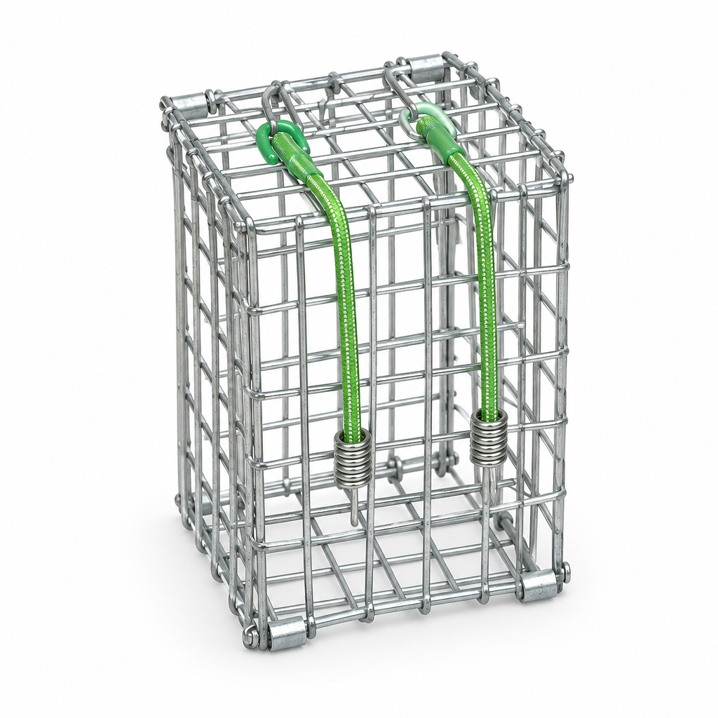 Single green-bungee bait box on a white background