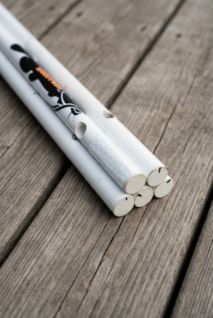 White bankpole bundle on weathered deck boards